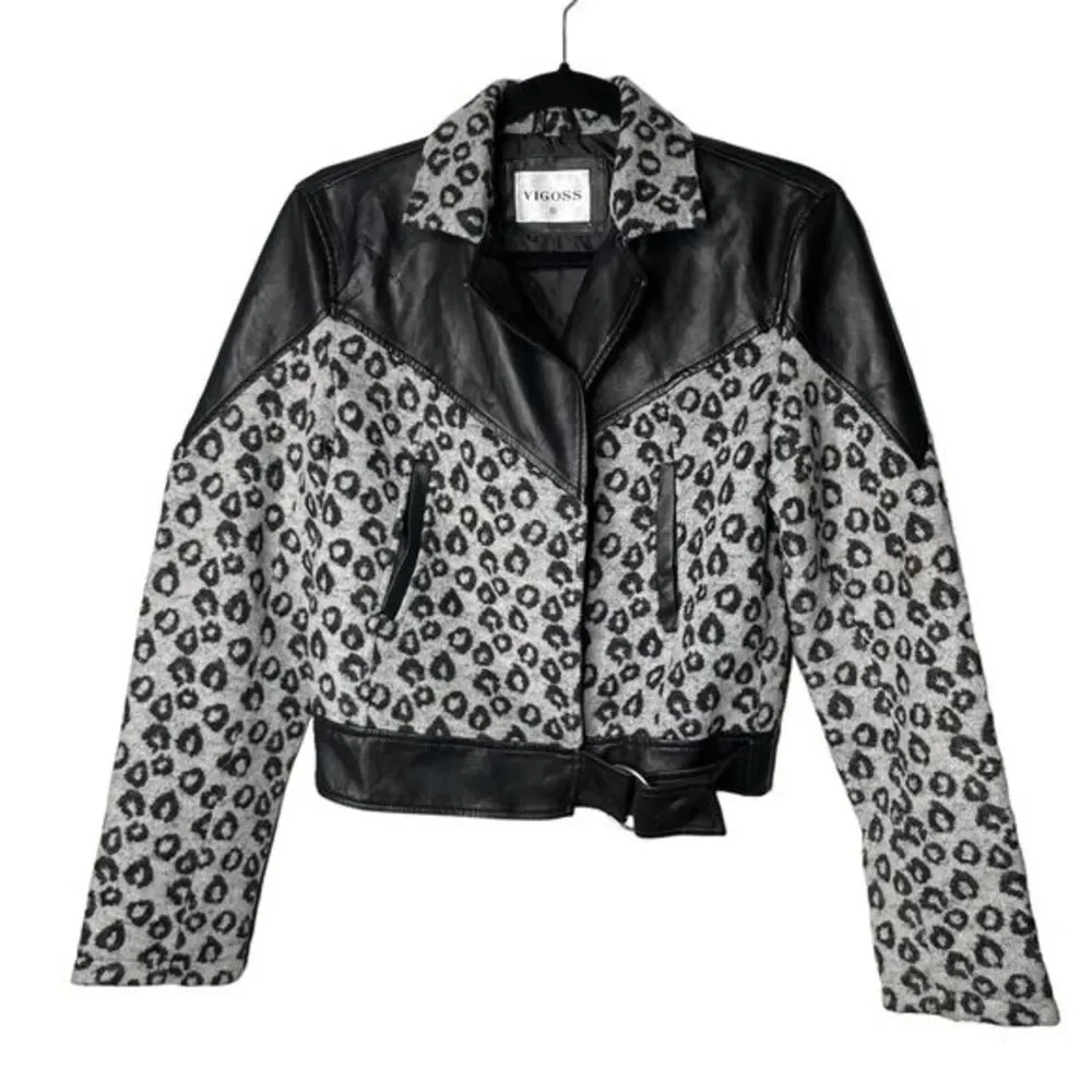 VIGOSS Black Leopard Print Moto Jacket Faux Leather Combo Women's XS